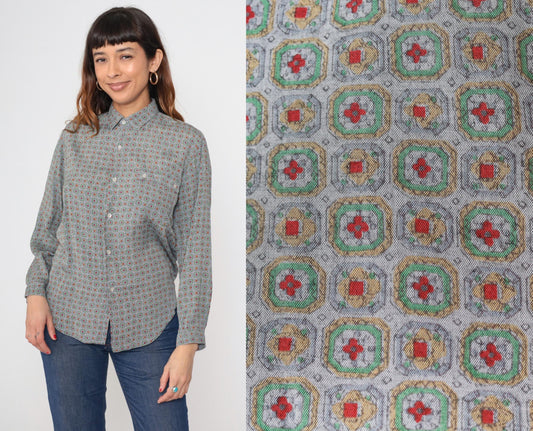 90s Geometric Floral Button Up Blouse Sage Green Red Print Medium