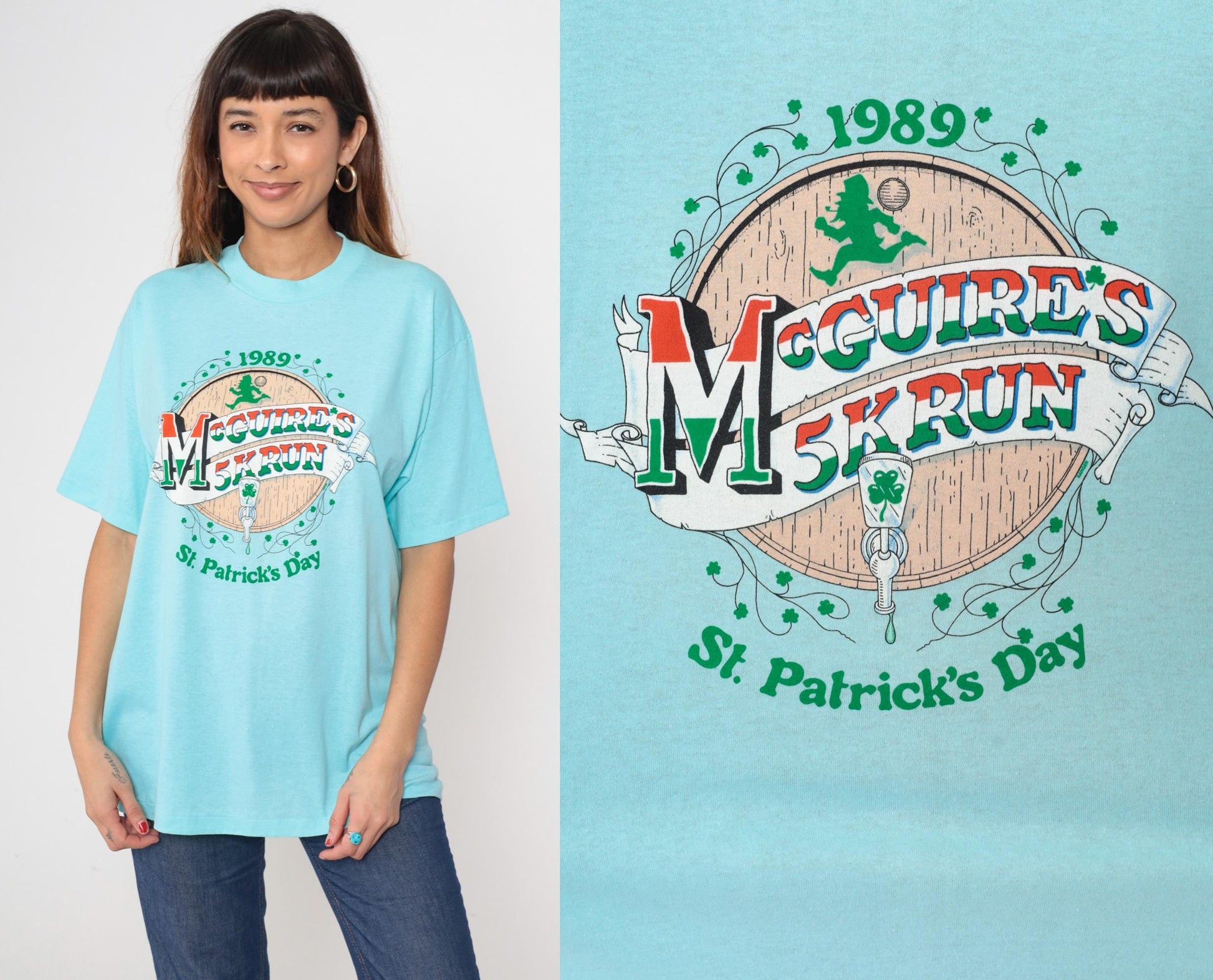 80s McGuire's 5K Run St Patrick's Day Graphic Tee Aqua Blue Extra Large XL
