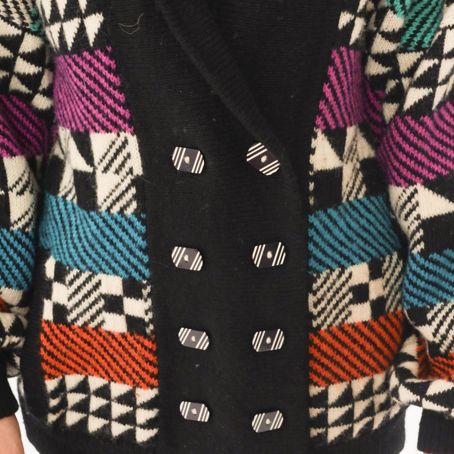 90s Kotki Dwa Wool Cardigan Black Abstract Geometric Purple Teal Orange Large L