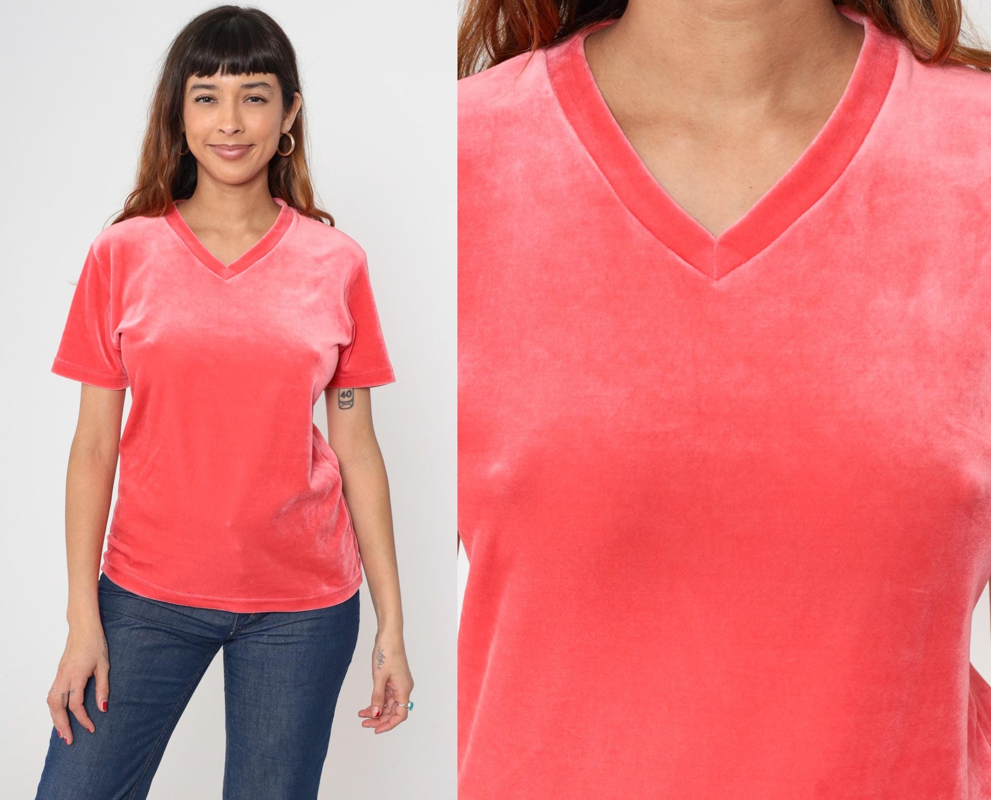 90s Coral Pink Velour V-Neck Short Sleeve Top Y2K Medium M