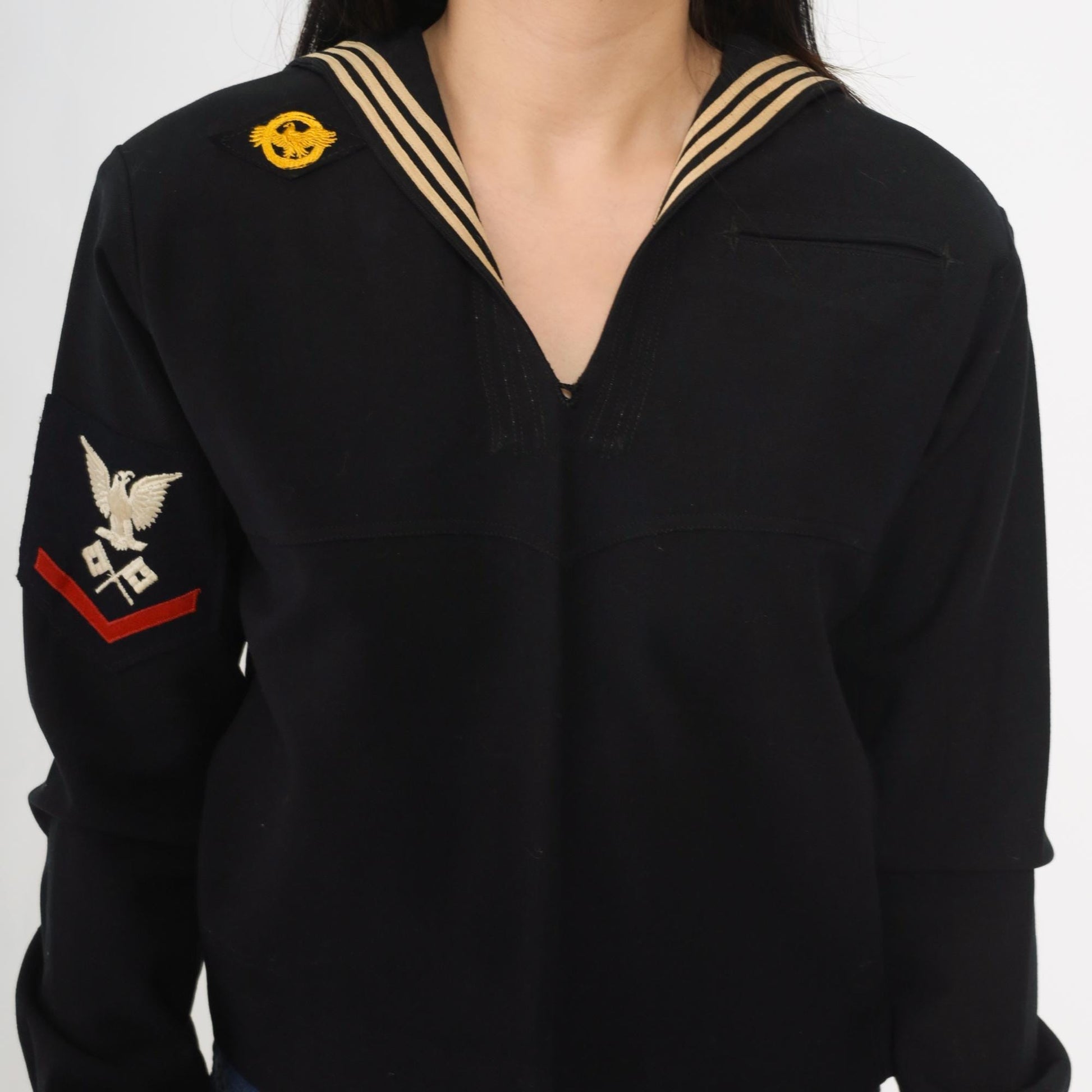 40s Black Sailor Top WW2 Naval Uniform Wool Pullover Eagle Patch XS