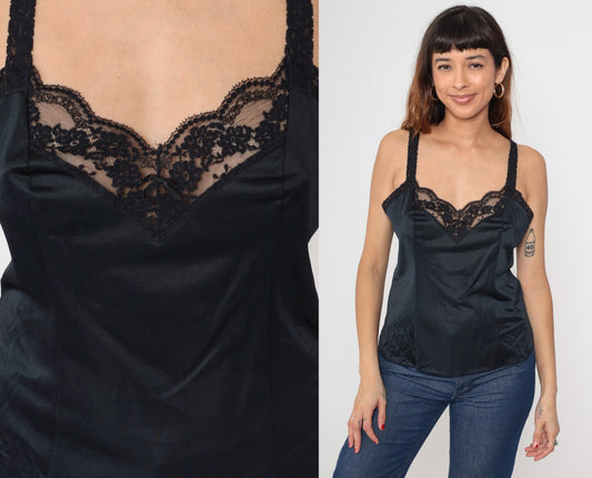 80s Black Lace Camisole Tank Top Nylon V-Neck Lingerie Cami Large L