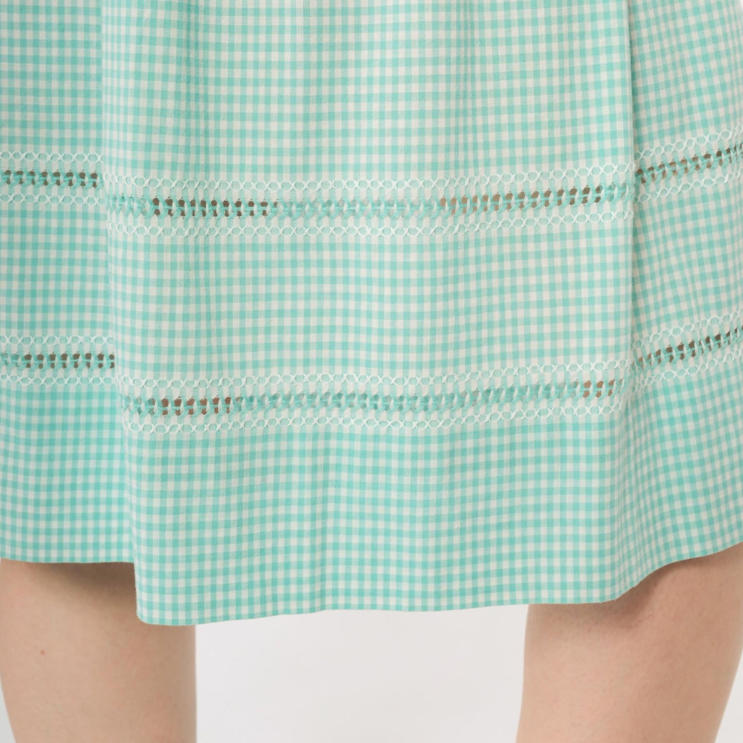 60s Mint Green Gingham A-Line Skirt Crochet Lace High Waist Small