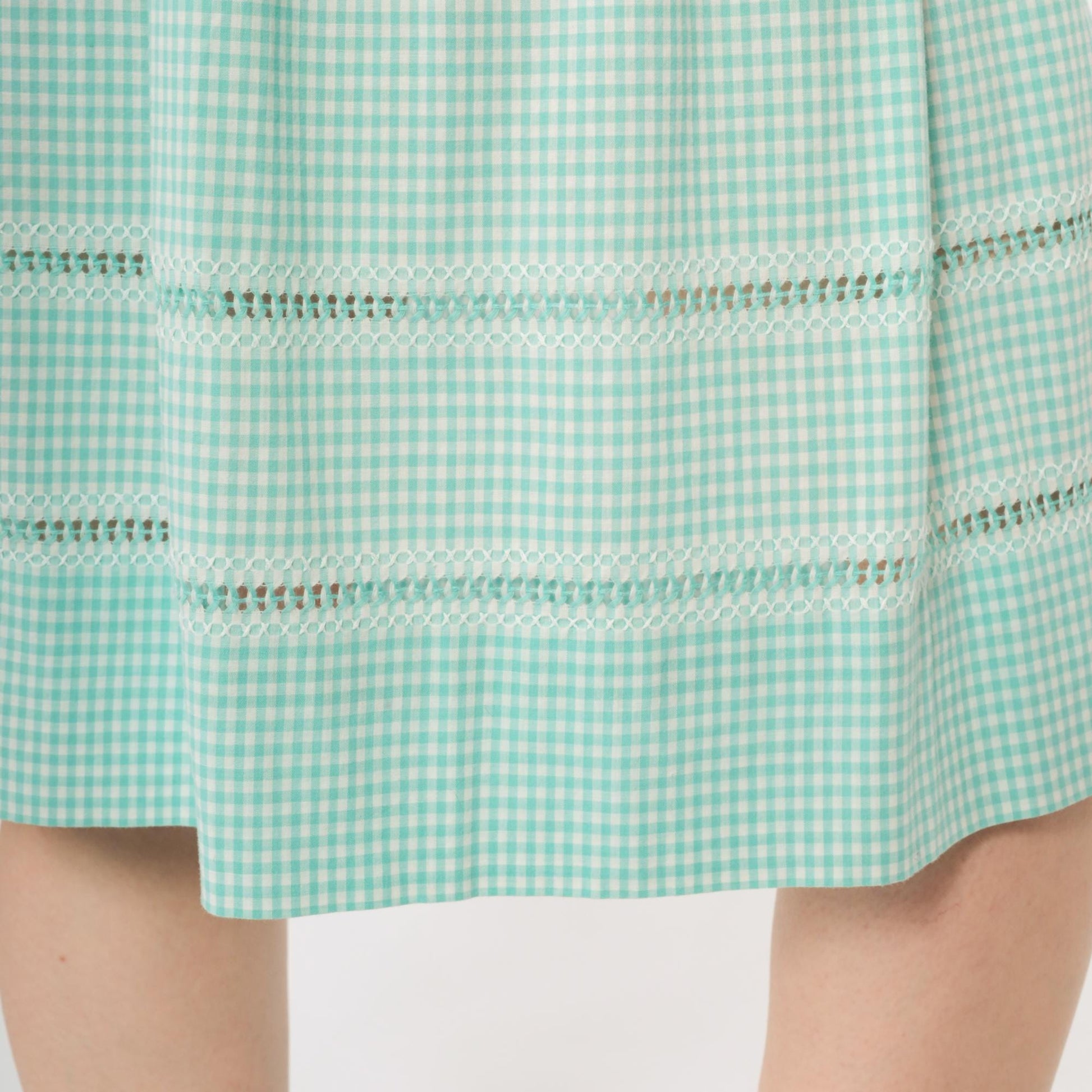 60s Mint Green Gingham A-Line Skirt Crochet Lace High Waist Small
