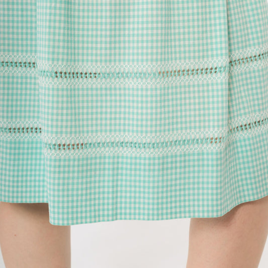 60s Mint Green Gingham A-Line Skirt Crochet Lace High Waist Small
