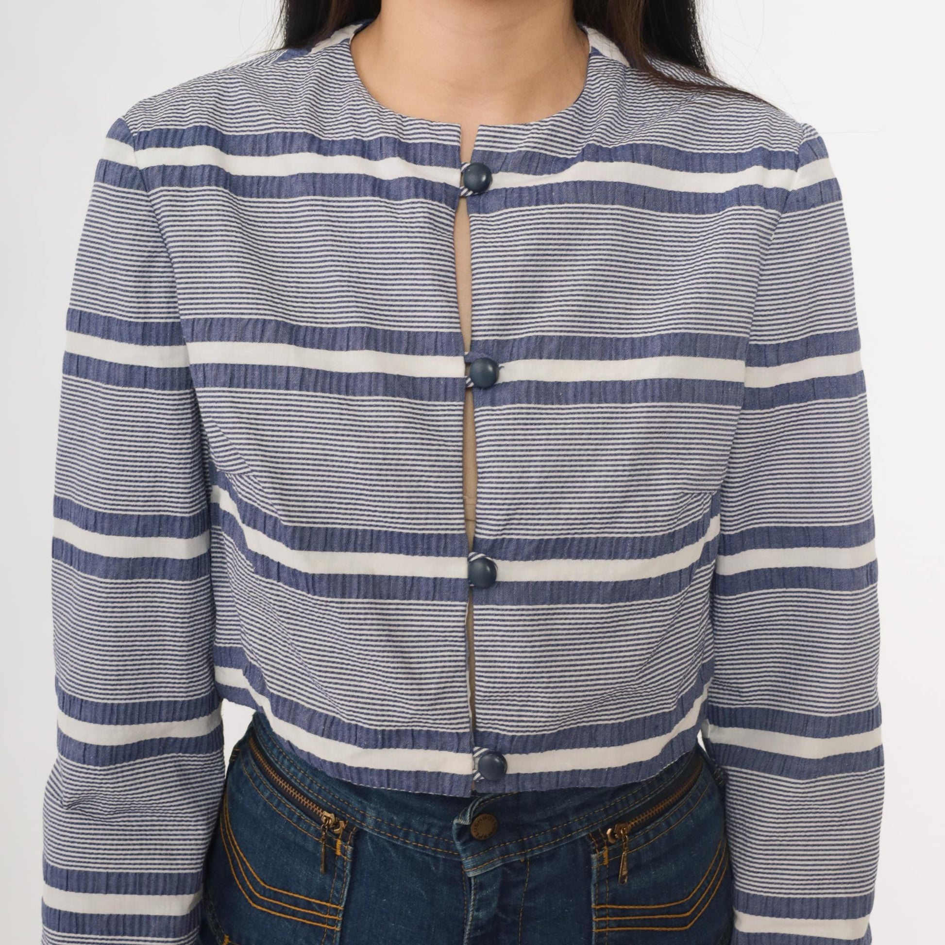 80s Gavi Striped Cropped Jacket Navy White Band Collar Size 10