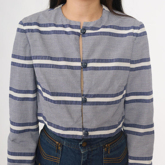 80s Gavi Striped Cropped Jacket Navy White Band Collar Size 10