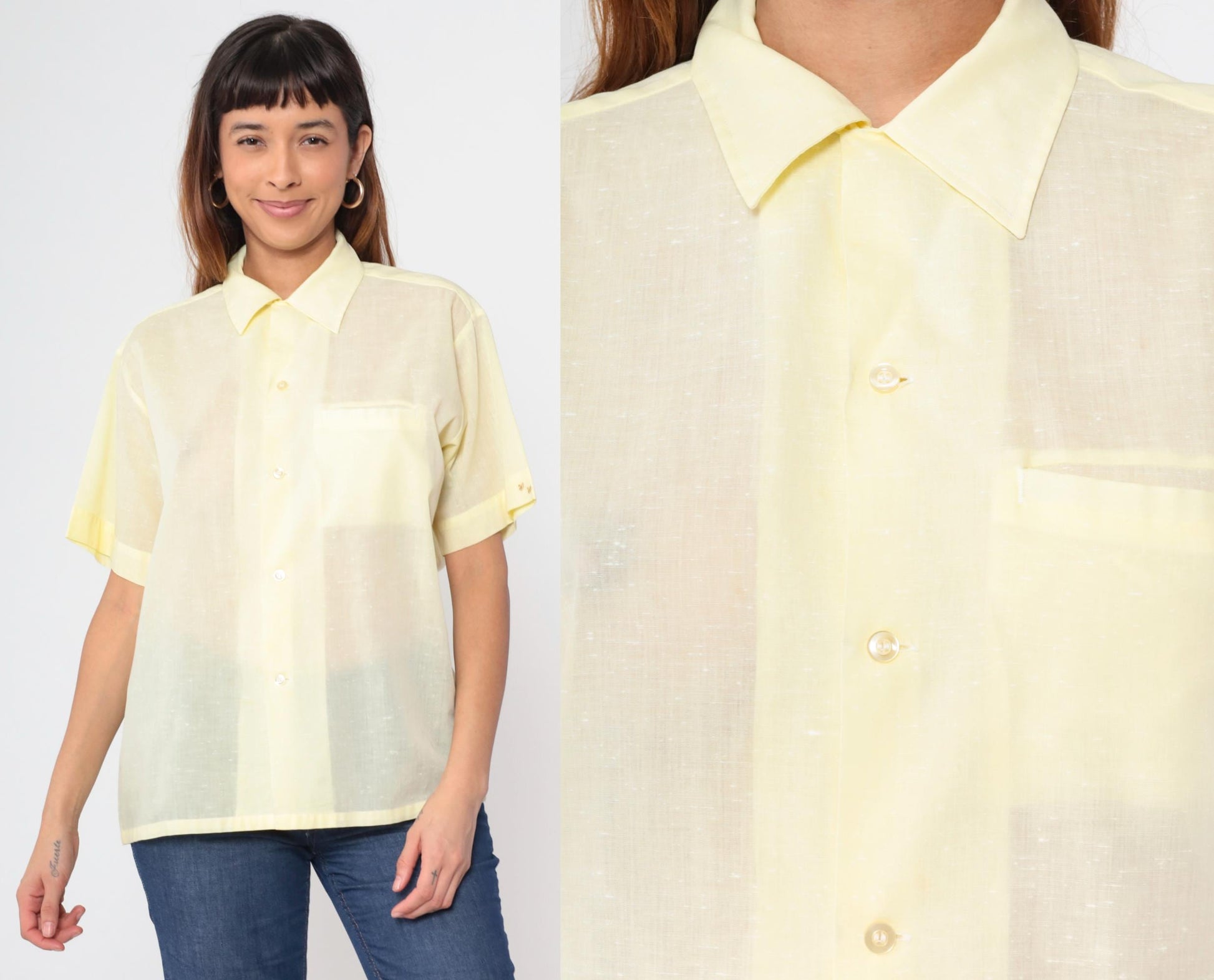 70s Yellow Dagger Collar Button-Up Shirt Short Sleeve Chest Pocket Medium M