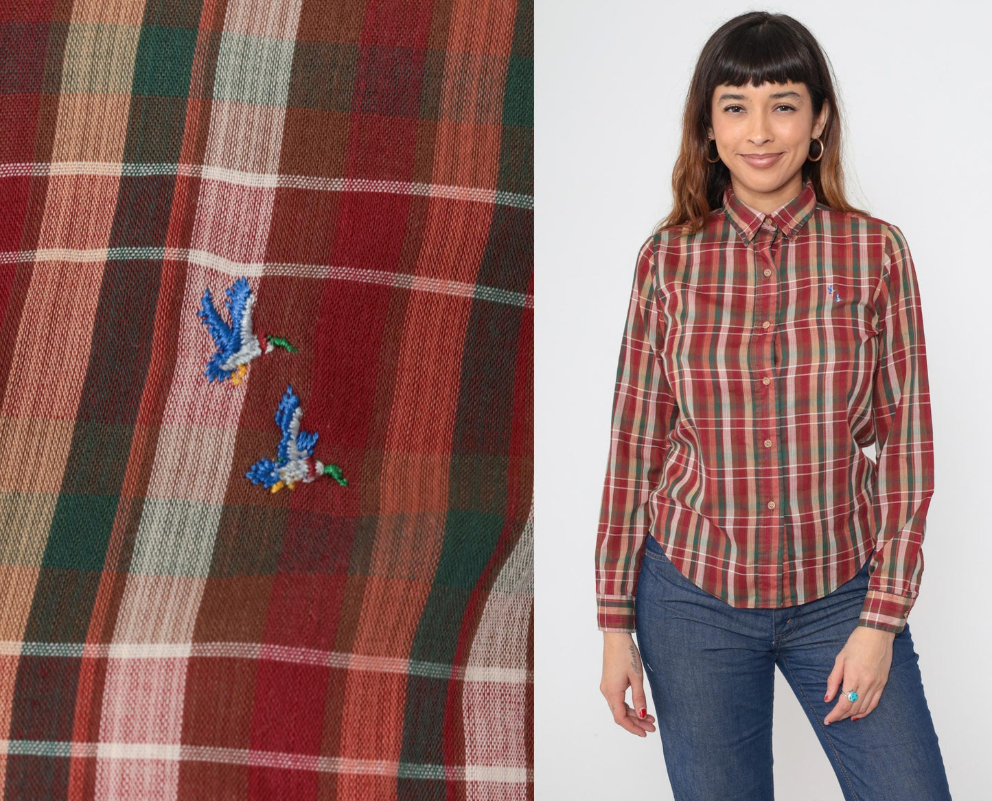 80s Plaid Button Down Shirt Red Green Embroidered Duck Cotton Small
