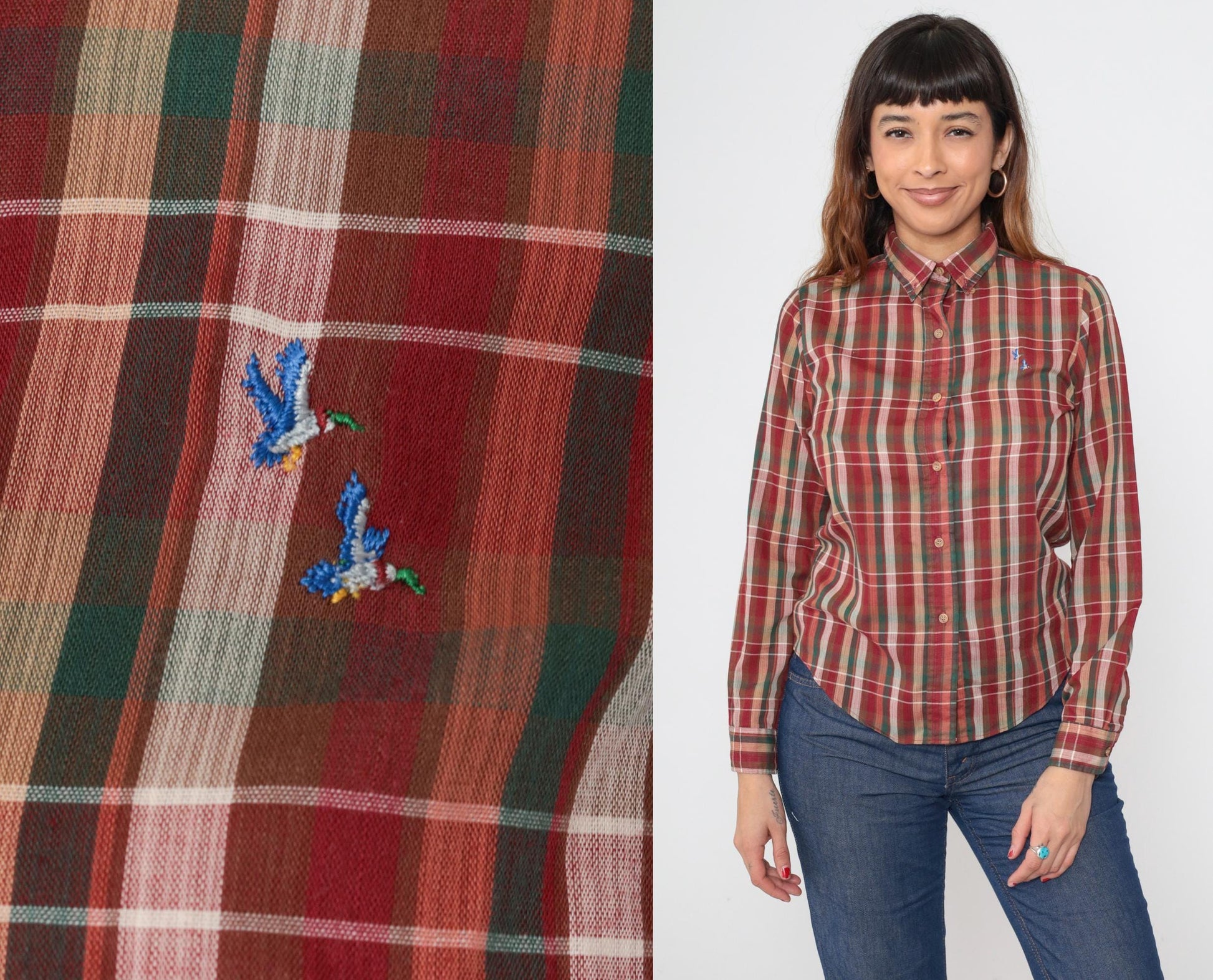 80s Plaid Button Down Shirt Red Green Embroidered Duck Cotton Small