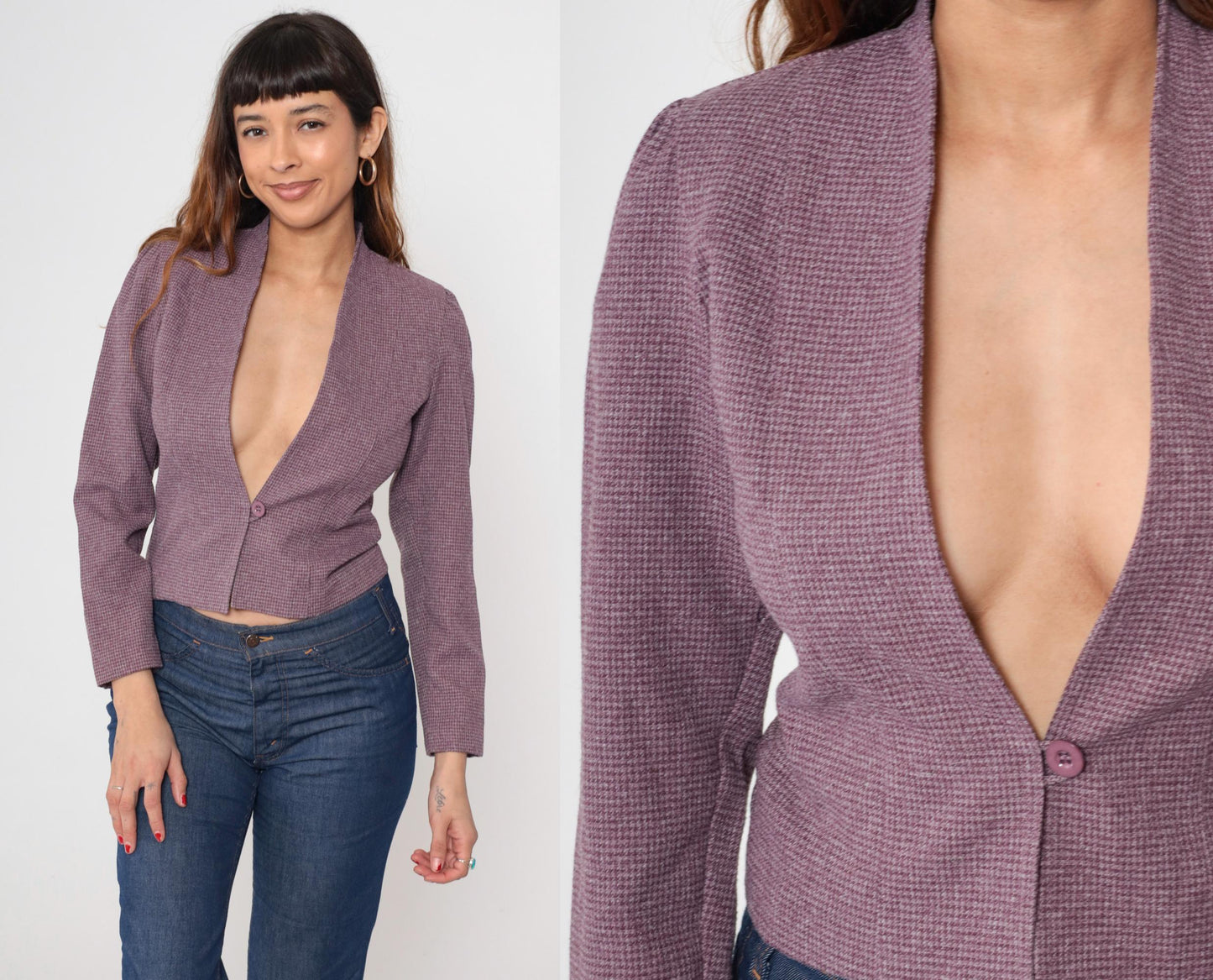 80s Mauve Cropped Blazer Plunge Neckline Padded Shoulders Small S