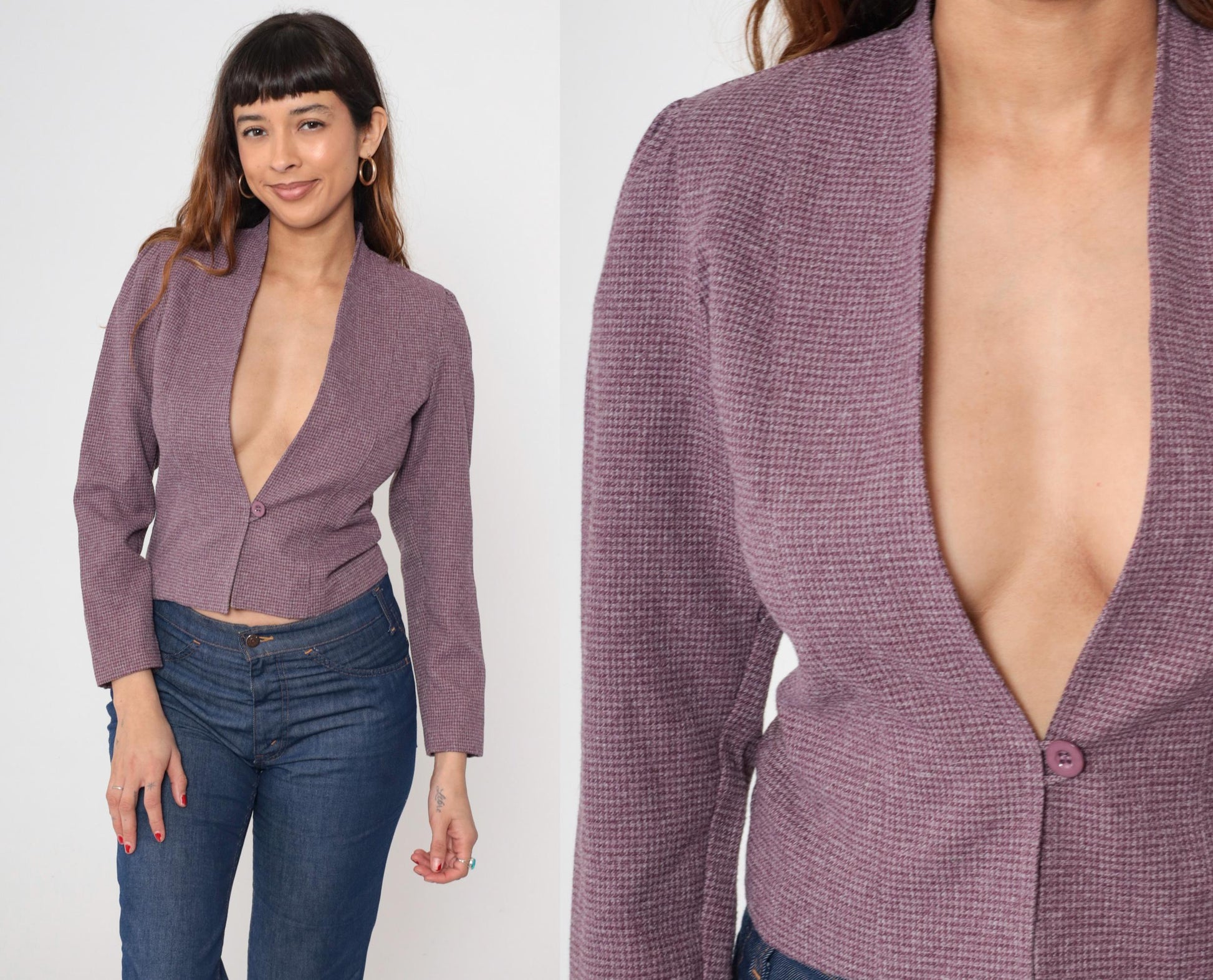 80s Mauve Cropped Blazer Plunge Neckline Padded Shoulders Small S
