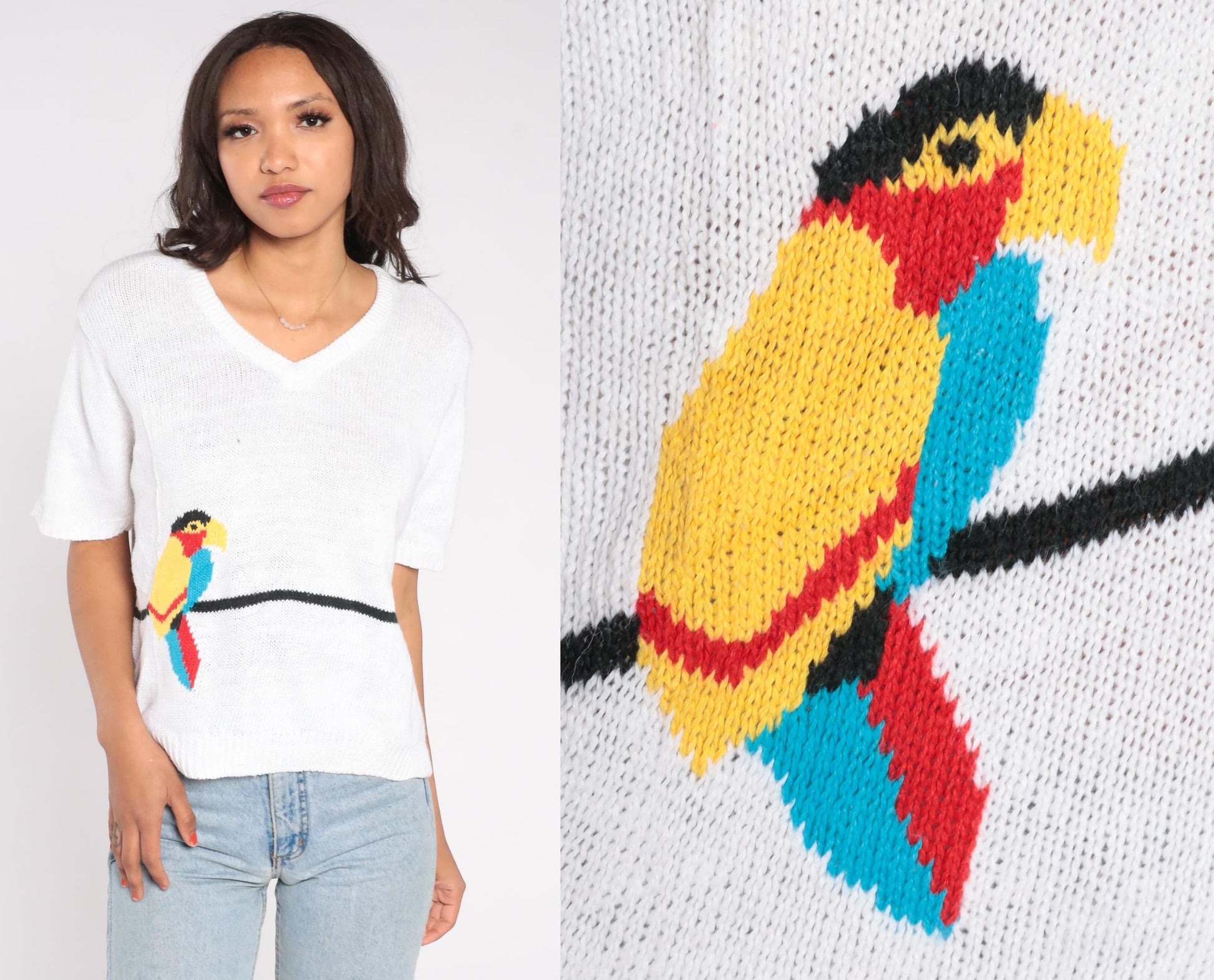80s Country Suburbans Parrot Sweater White V-Neck Knit Extra Large XL