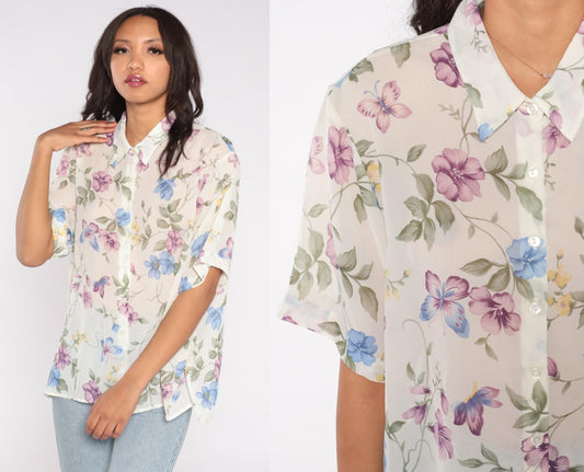 90s Bonworth Floral Button Down Blouse Cream Purple Blue Large Petite