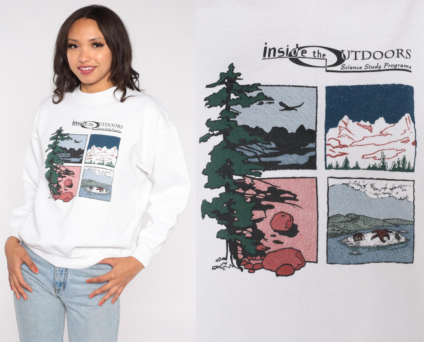 90s Inside The Outdoors Nature Graphic Sweatshirt White Crewneck Large