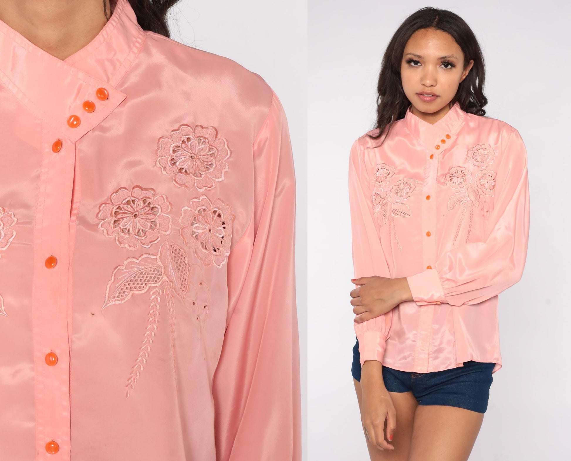 80s Pink Embroidered Cutwork Floral Blouse Button Down Collar Medium