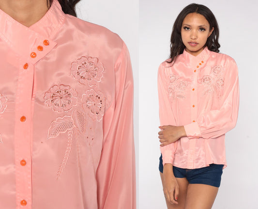80s Pink Embroidered Cutwork Floral Blouse Button Down Collar Medium