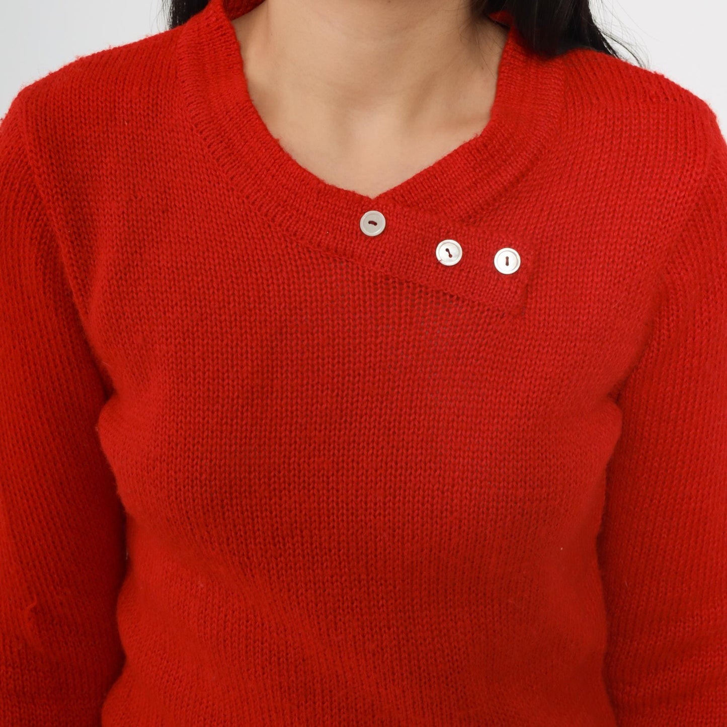 80s Red Knit Sweater Preppy Crewneck Button Detail Small