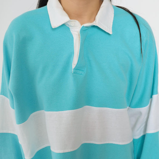 80s Turquoise Rugby Shirt White Stripe Collared Pullover Extra Large XL