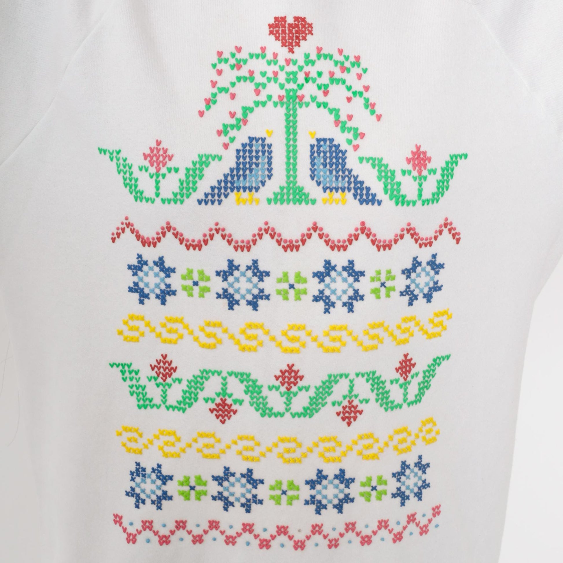 90s Jerzees Birds Floral Cross Stitch Graphic Sweatshirt White Crewneck Large L