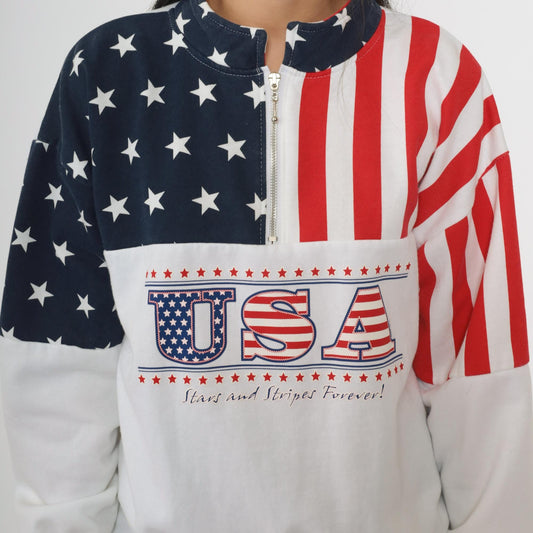 90s USA Flag Half Zip Sweatshirt Stars Stripes Red White Blue Medium