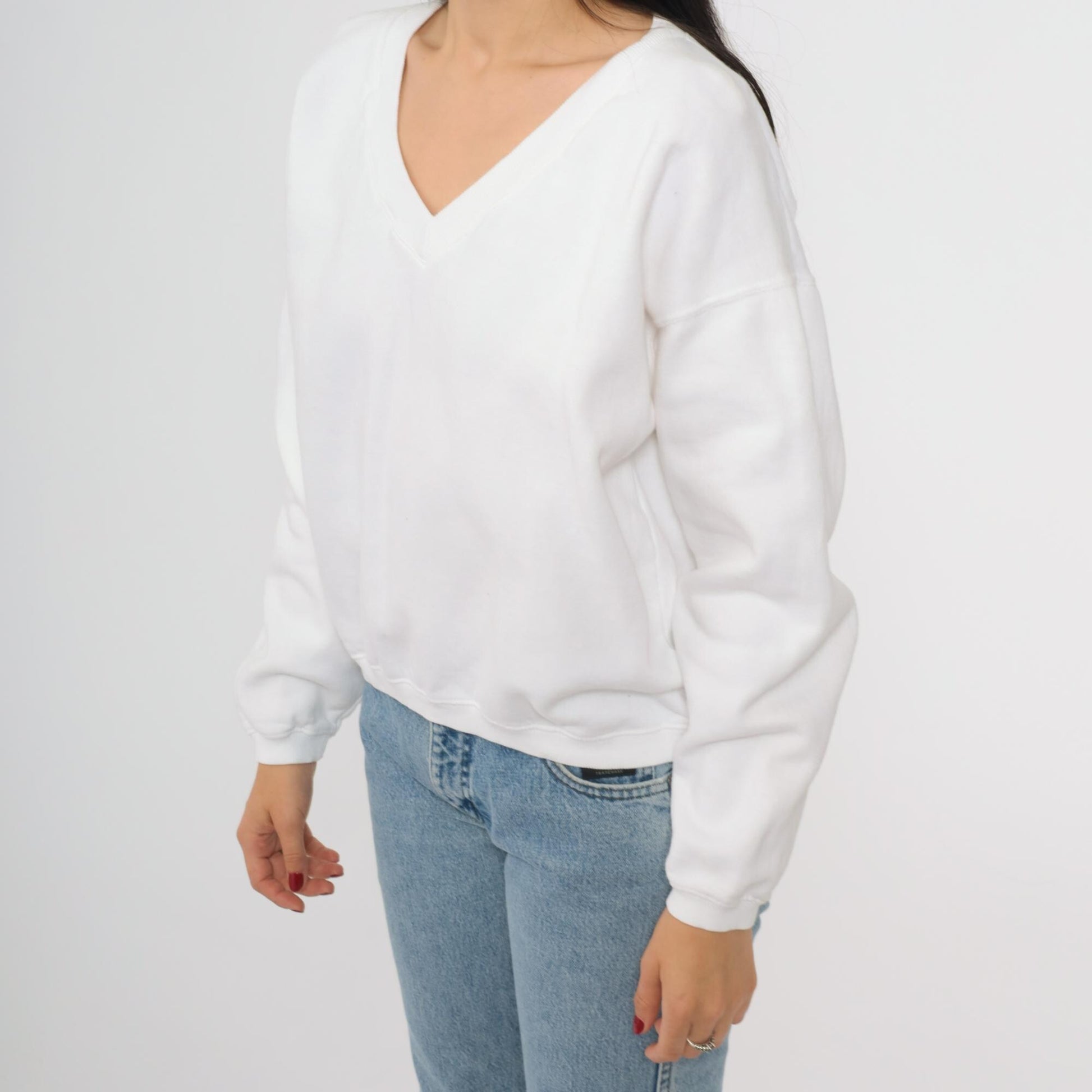 90s White V-Neck Sweatshirt Cotton Drop Shoulder Pullover One Size