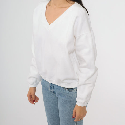 90s White V-Neck Sweatshirt Cotton Drop Shoulder Pullover One Size