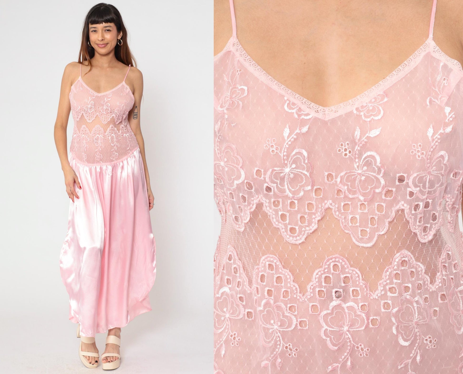 90s Gilligan O'Malley Pink Satin Slip Dress Maxi Lace Bodice Medium M
