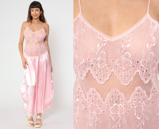 90s Gilligan O'Malley Pink Satin Slip Dress Maxi Lace Bodice Medium M
