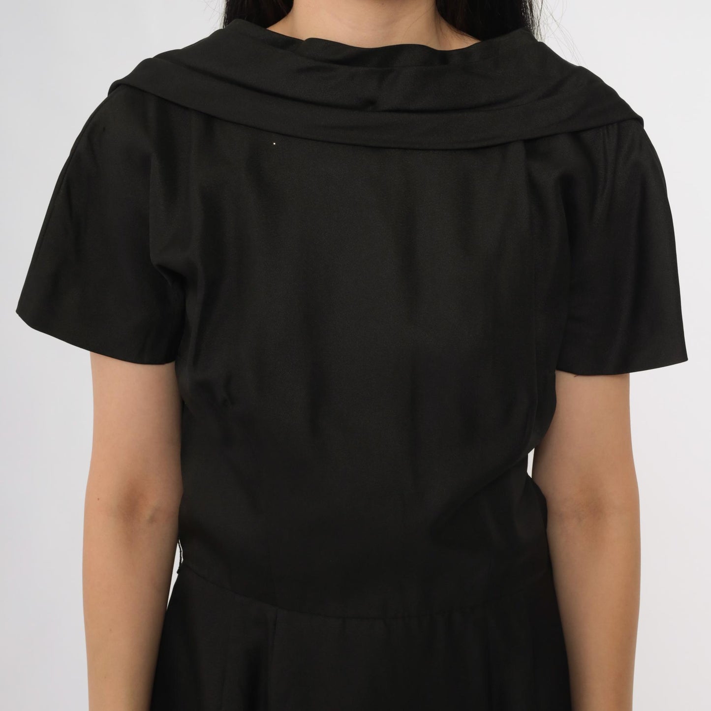 60s Suzy Perette Black Cowl Neck Midi Dress Open Back Large L