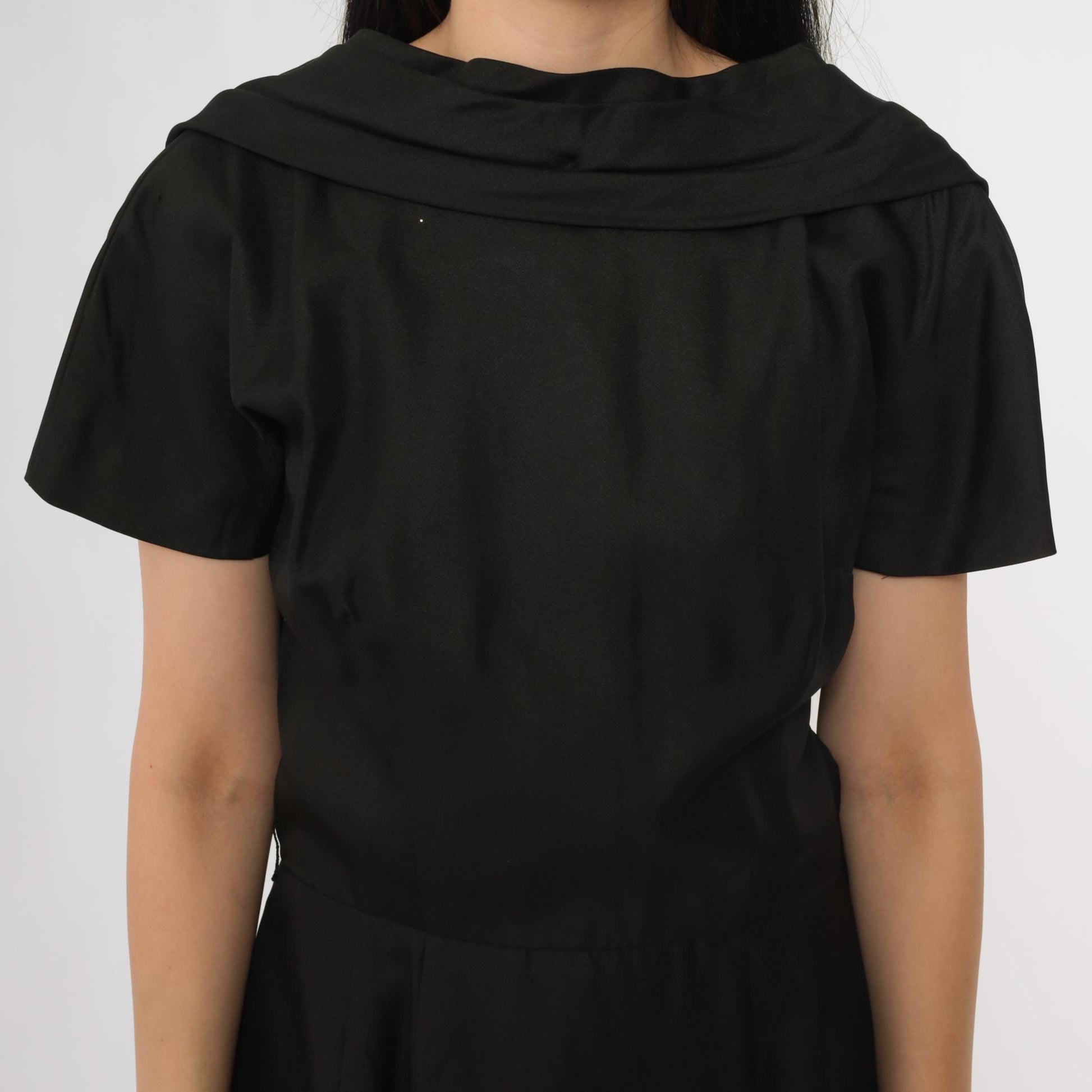 60s Suzy Perette Black Cowl Neck Midi Dress Open Back Large L