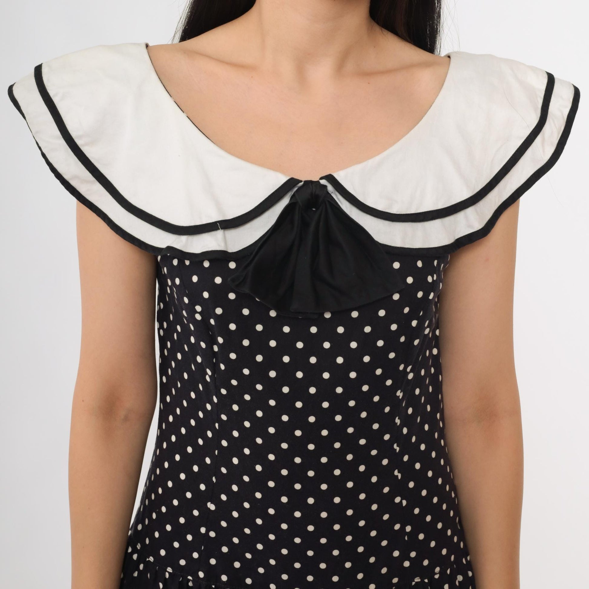 80s Lanz Originals Black White Polka Dot Midi Dress Peter Pan Collar Small