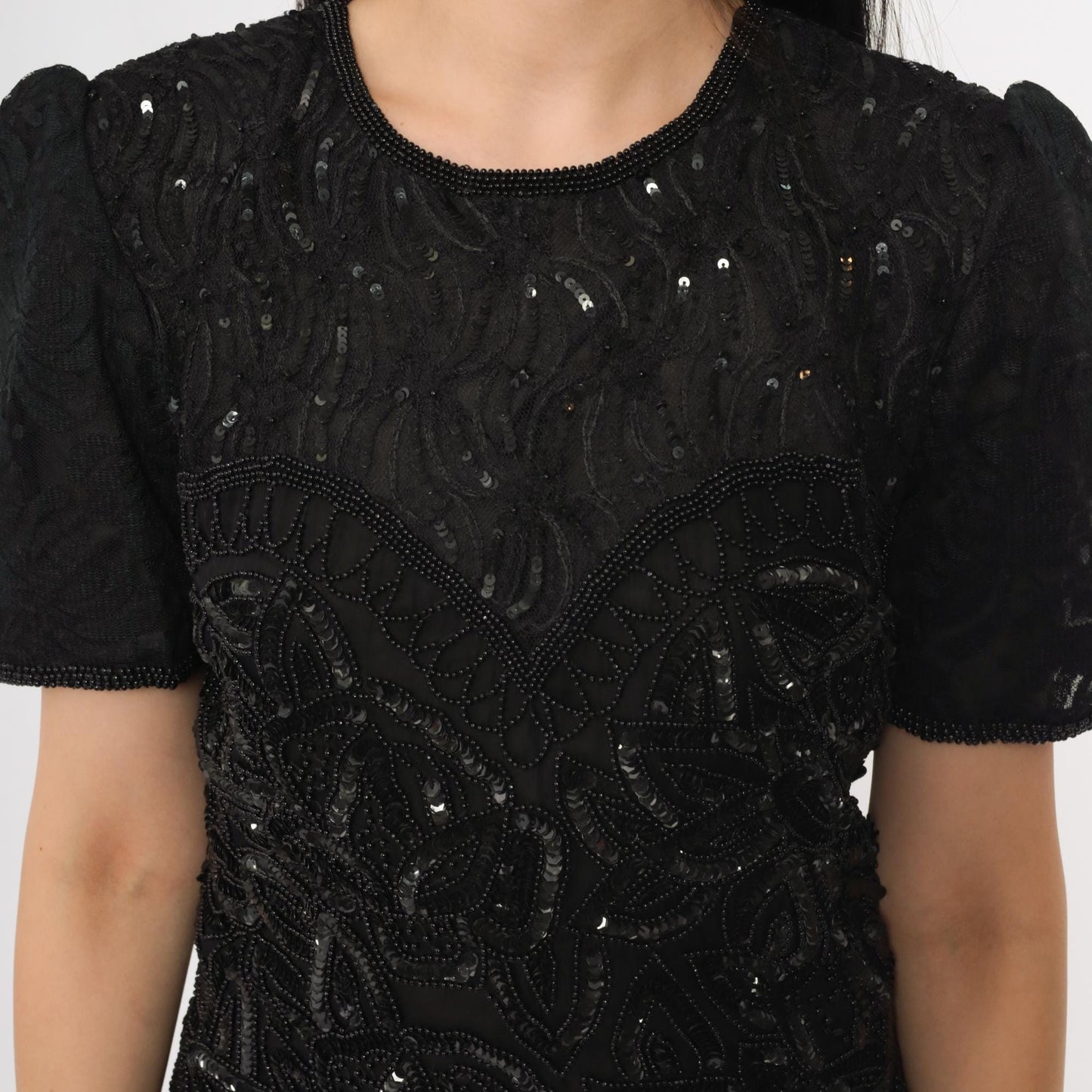 90s Silky Nites New York Black Silk Sequin Beaded Cocktail Dress Small