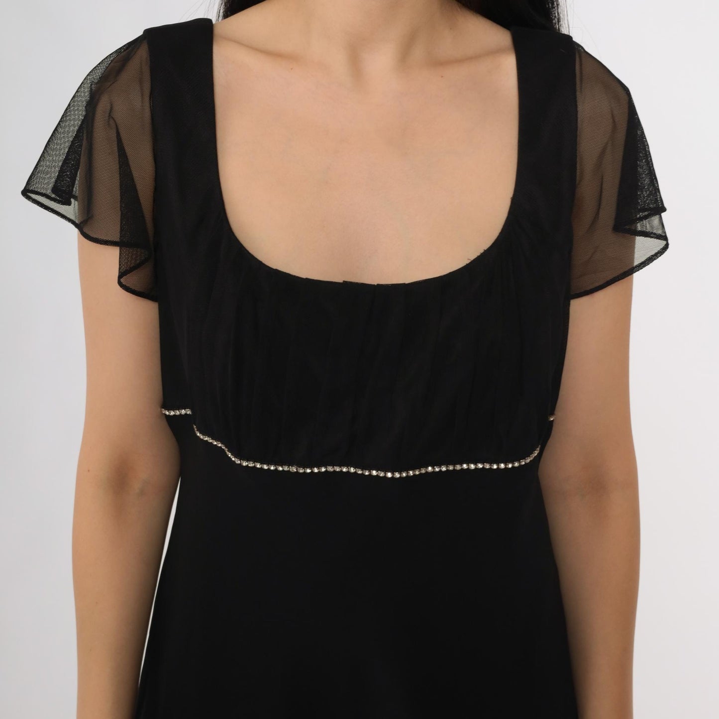 Y2K Black Party Dress Square Neck Rhinestone Waist Mesh Overlay Midi 12 Petite