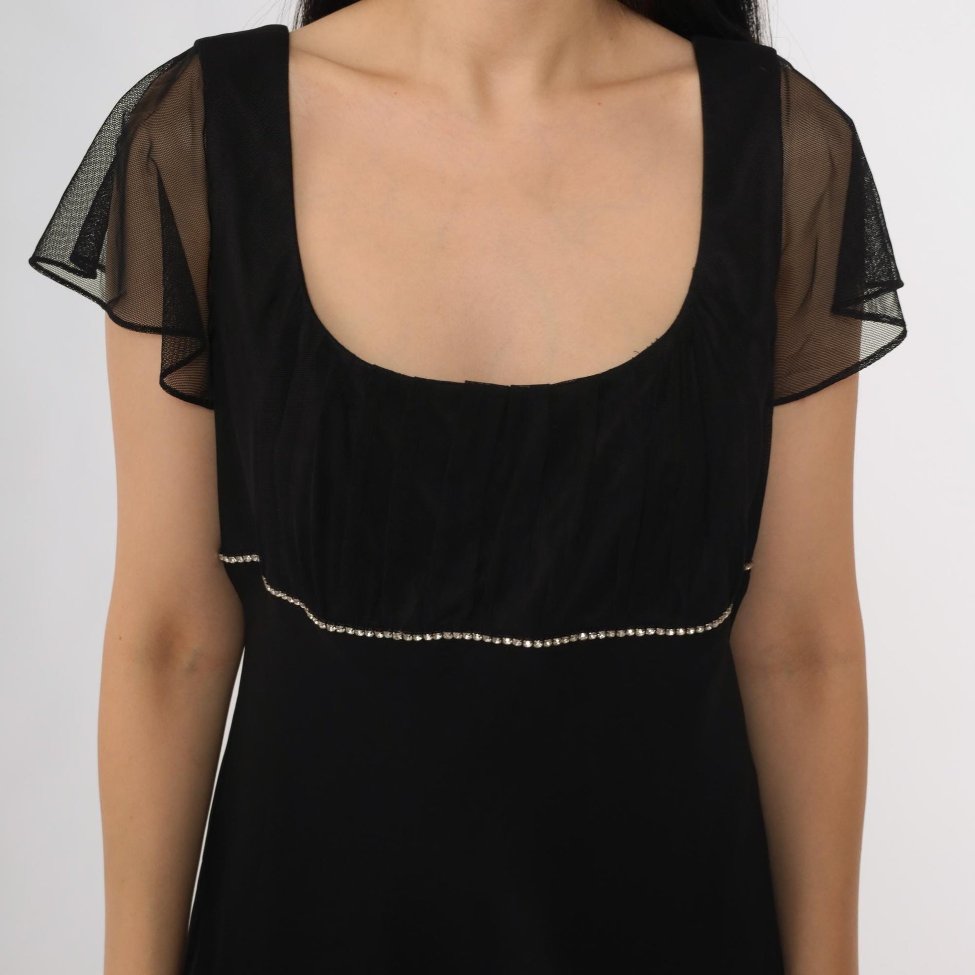 Y2K Black Party Dress Square Neck Rhinestone Waist Mesh Overlay Midi 12 Petite