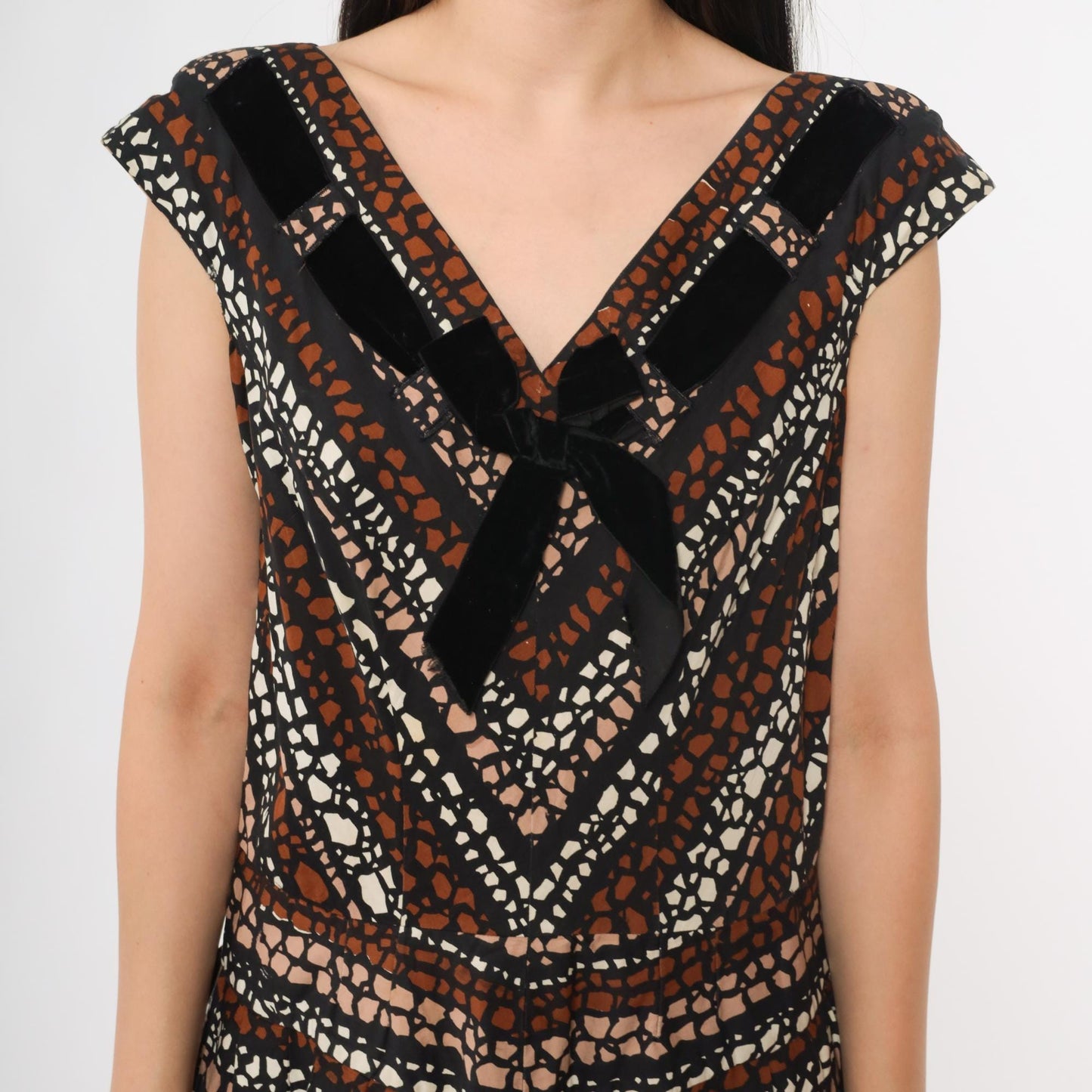 1950s Brown Geometric Print Midi Dress V-Neck Cap Sleeve Large