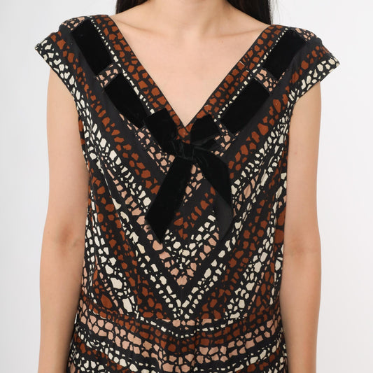 1950s Brown Geometric Print Midi Dress V-Neck Cap Sleeve Large