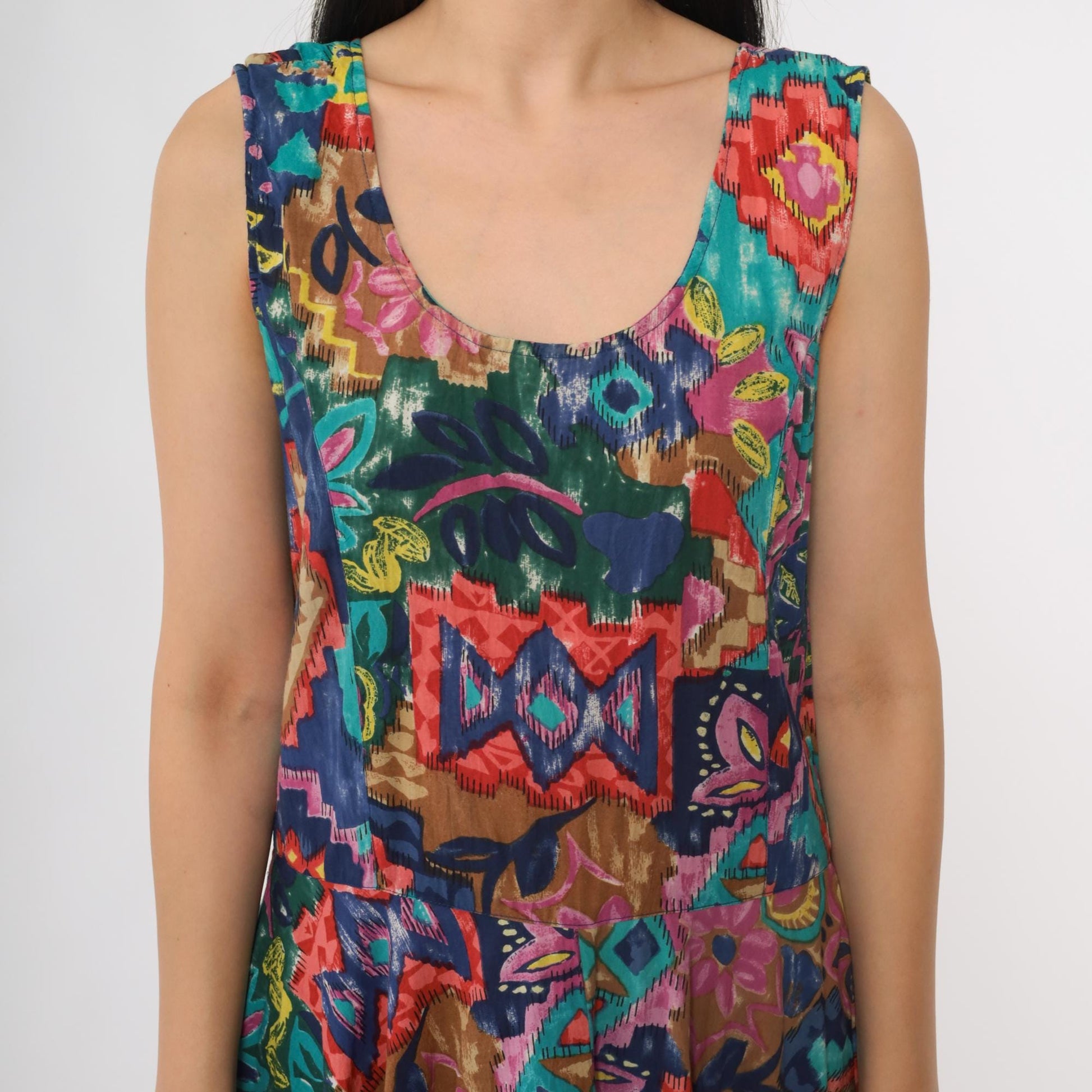 90s Phool Patchwork Maxi Dress Sleeveless Scoop Neck Abstract Print Cotton Medium M