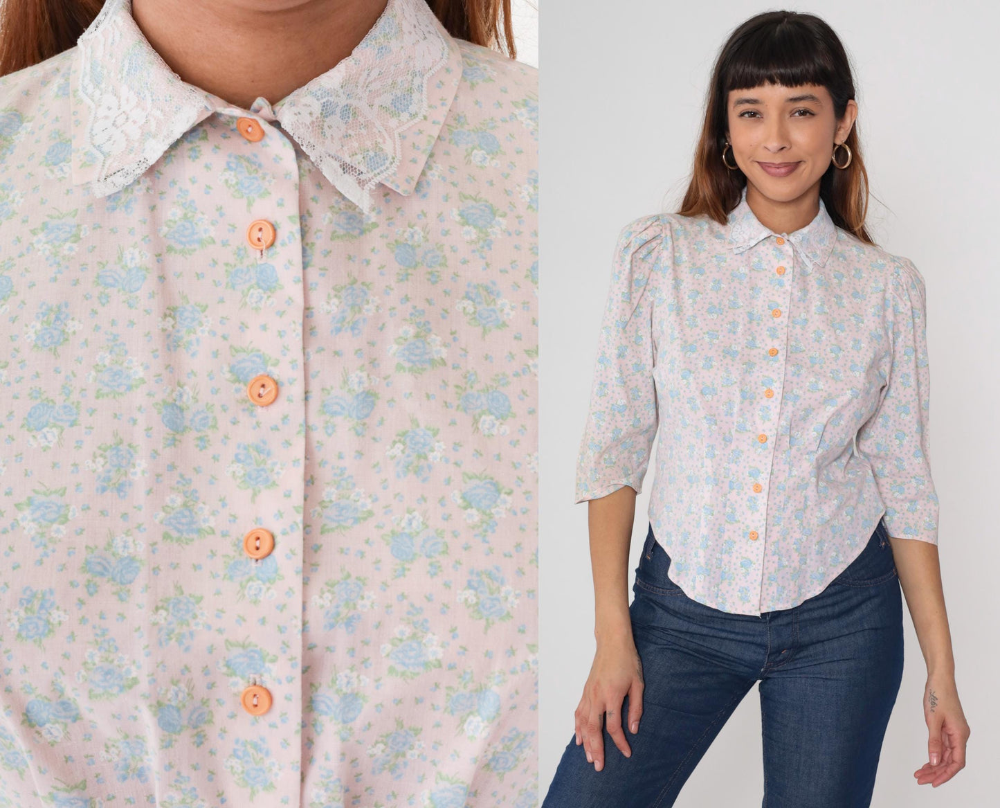 80s Pink Blue Floral Puff Sleeve Blouse Button Front Three Quarter Small