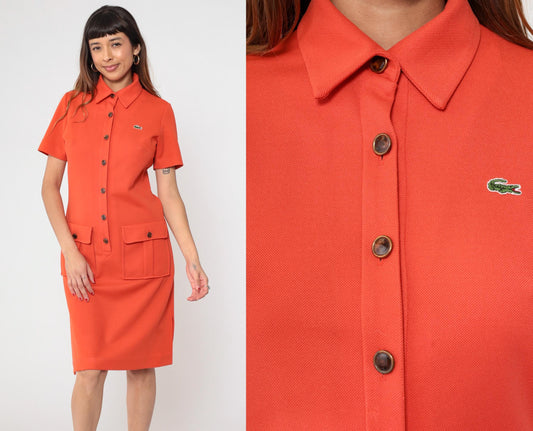 60s David Crystal Orange Polo Dress Pique Knit Button Front Medium