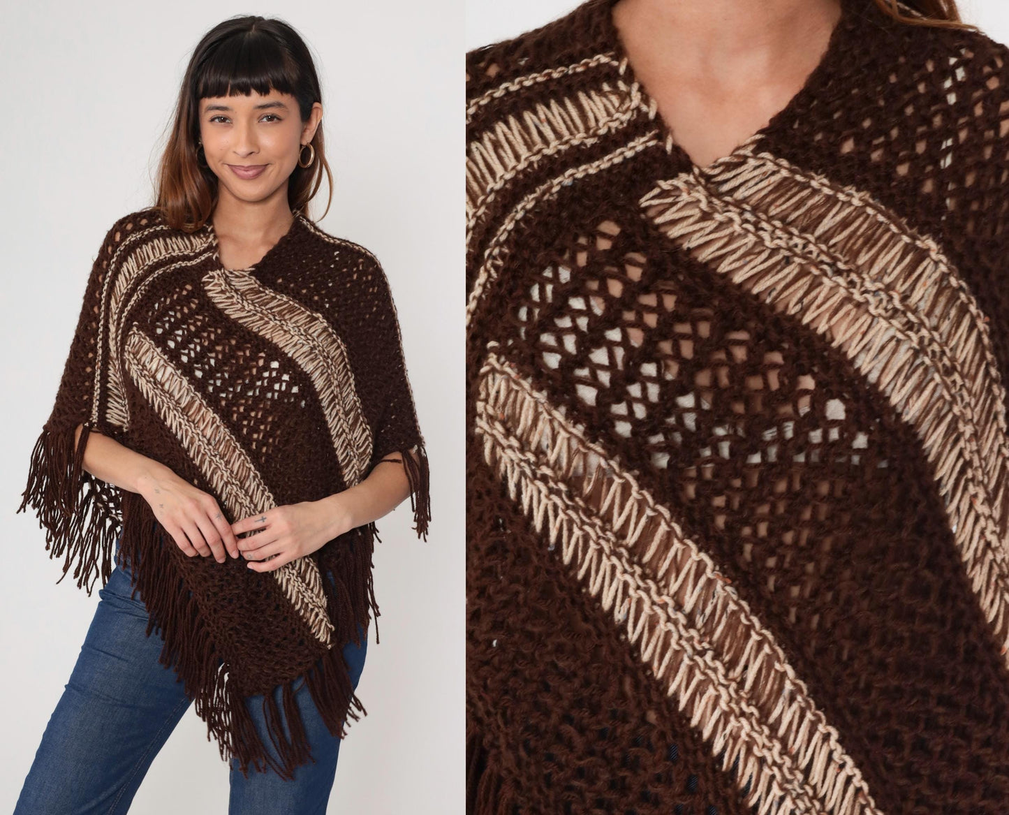 1970s Brown Crochet Poncho Fringe Geometric Stripe Knit Small Medium