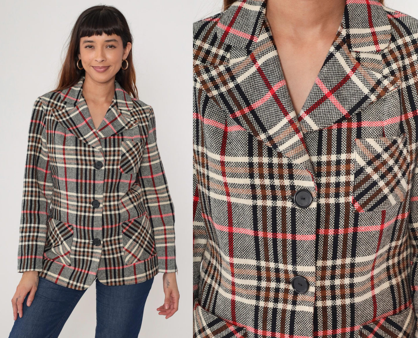 1970s Plaid Blazer Tartan Brown Red Cream Black Button Front Medium M