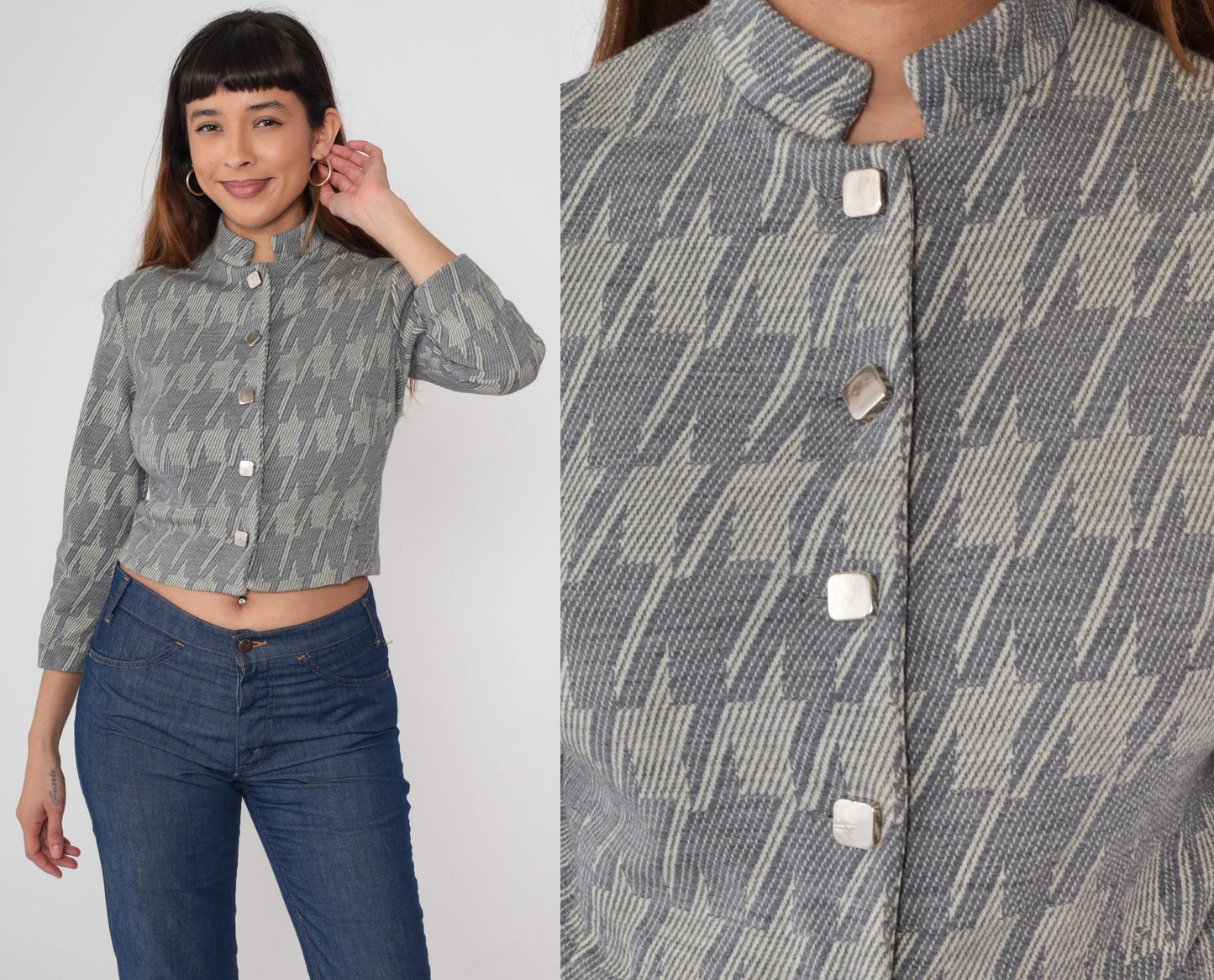 1960s Grey Houndstooth Cropped Jacket Button Front Stand Collar Small S