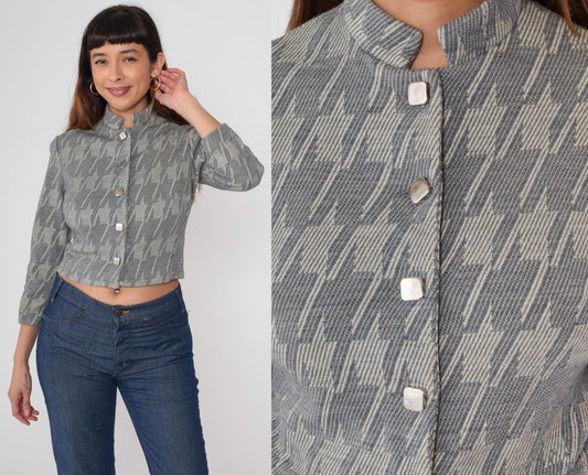 1960s Grey Houndstooth Cropped Jacket Button Front Stand Collar Small S