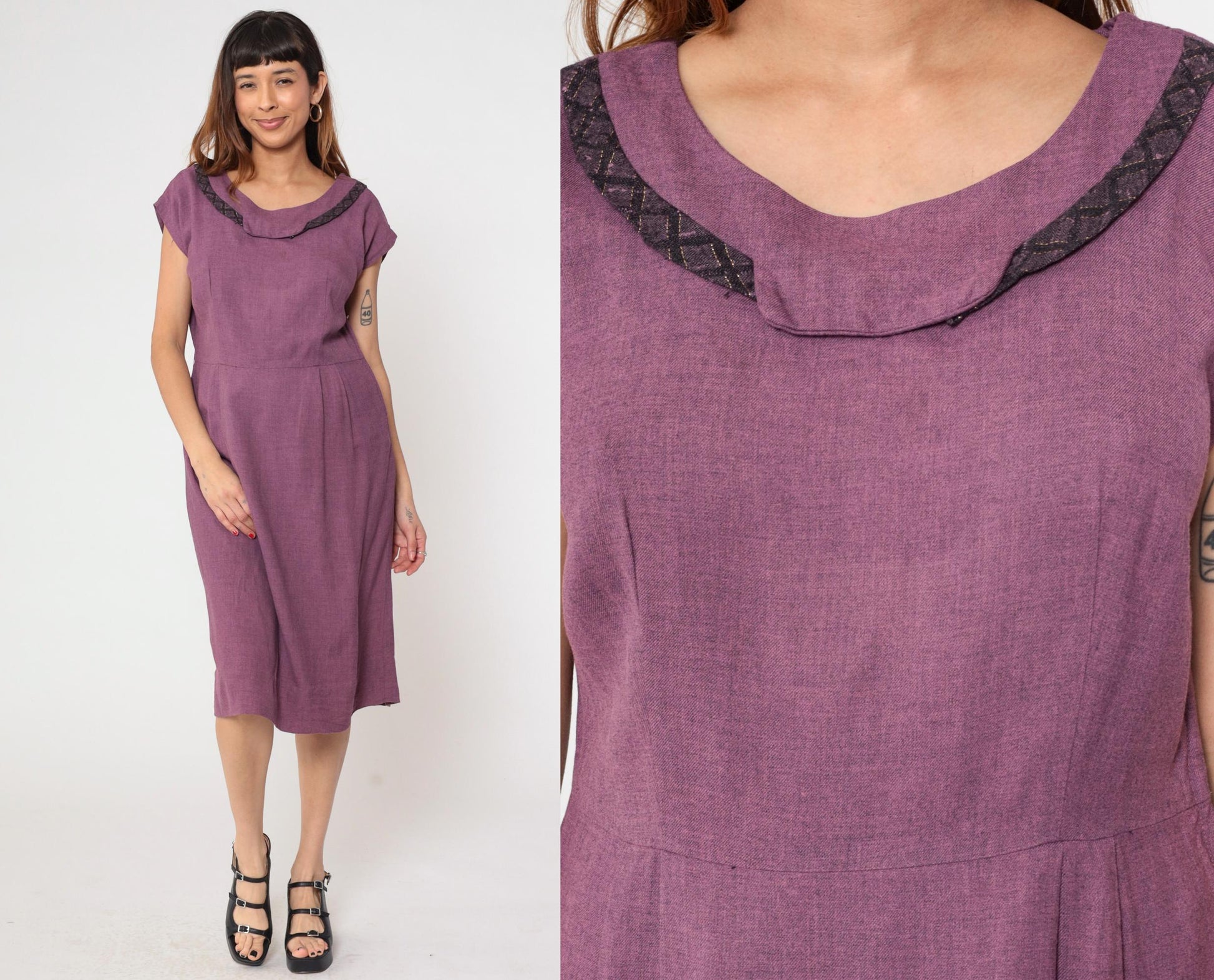 60s Gloria Swanson Purple Midi Dress Cowl Neckline Lattice Trim Large