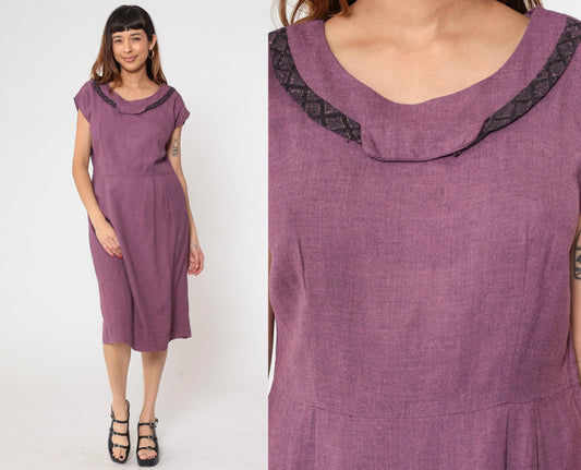 60s Gloria Swanson Purple Midi Dress Cowl Neckline Lattice Trim Large