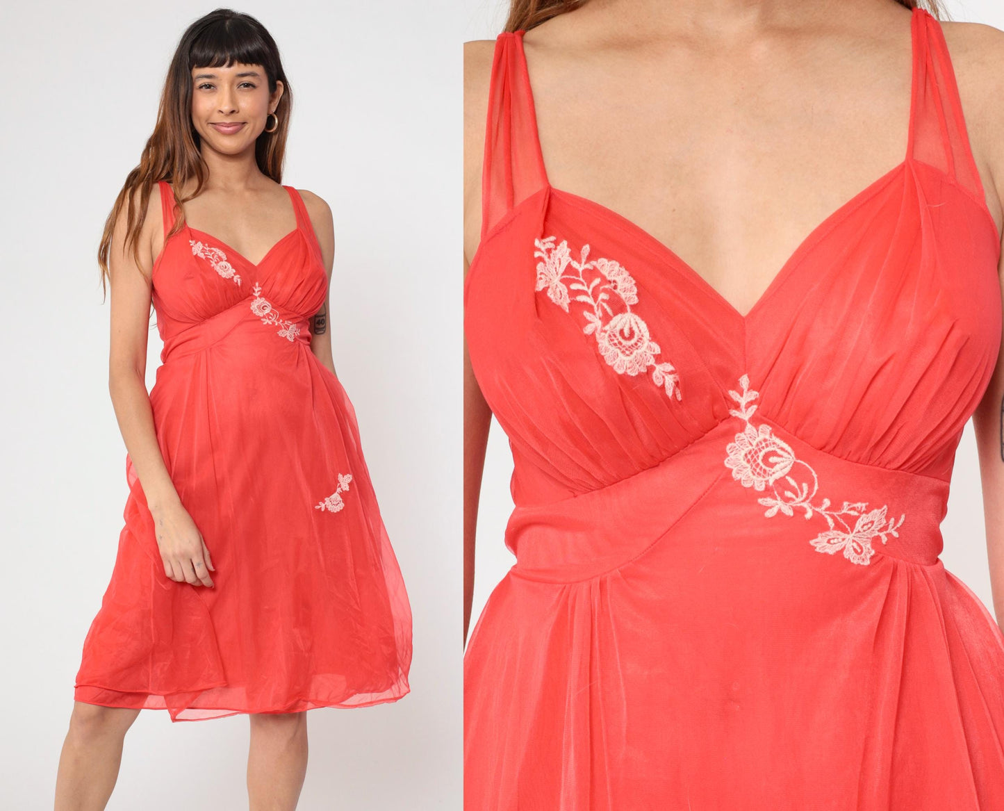 70s Red Nylon Lingerie Slip Dress Floral Embroidered Empire Waist Midi Medium