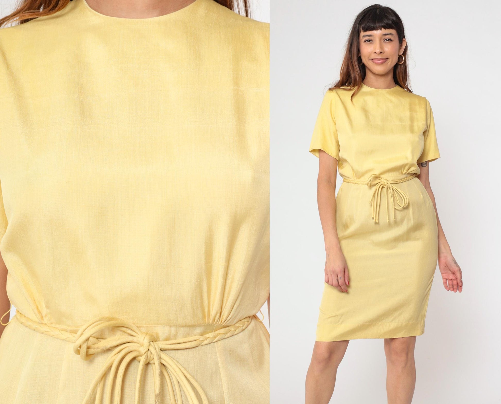 1960s Yellow Silk Shift Dress Crew Neck Belted Short Sleeve Small S