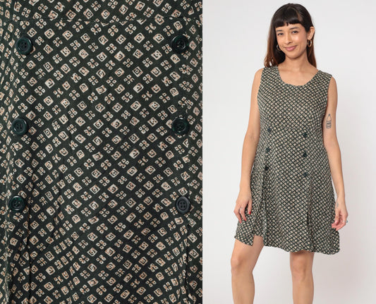 90s Liberty Geometric Mini Romper Forest Green Cream Sleeveless Small