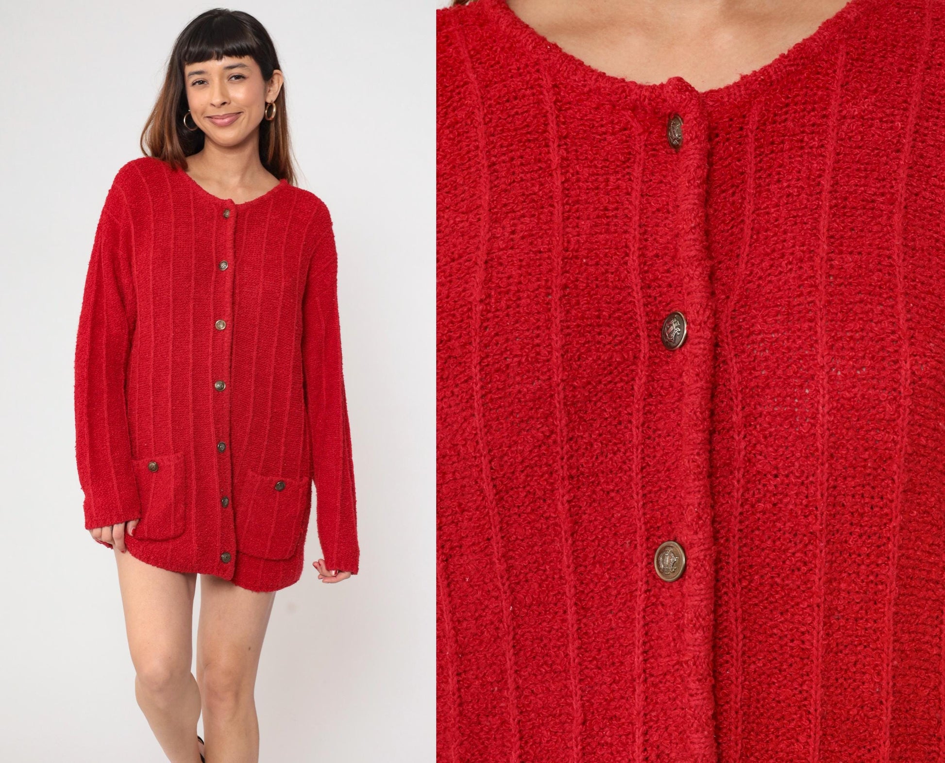 80s Fabriano Red Cardigan Sweater Chunky Knit Button Front Medium M